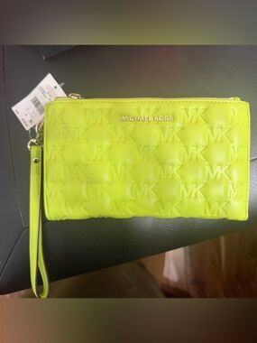MICHAEL KORS Neon Lime Embossed MK Wristlet Clutch